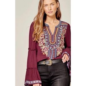 Wine Boho Embroidered Bell Sleeve Tunic Top